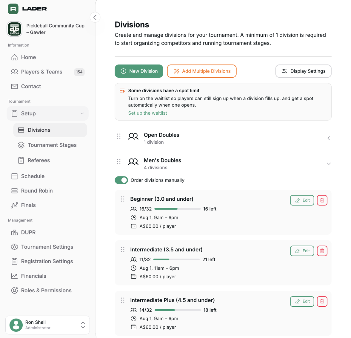 Divisions page