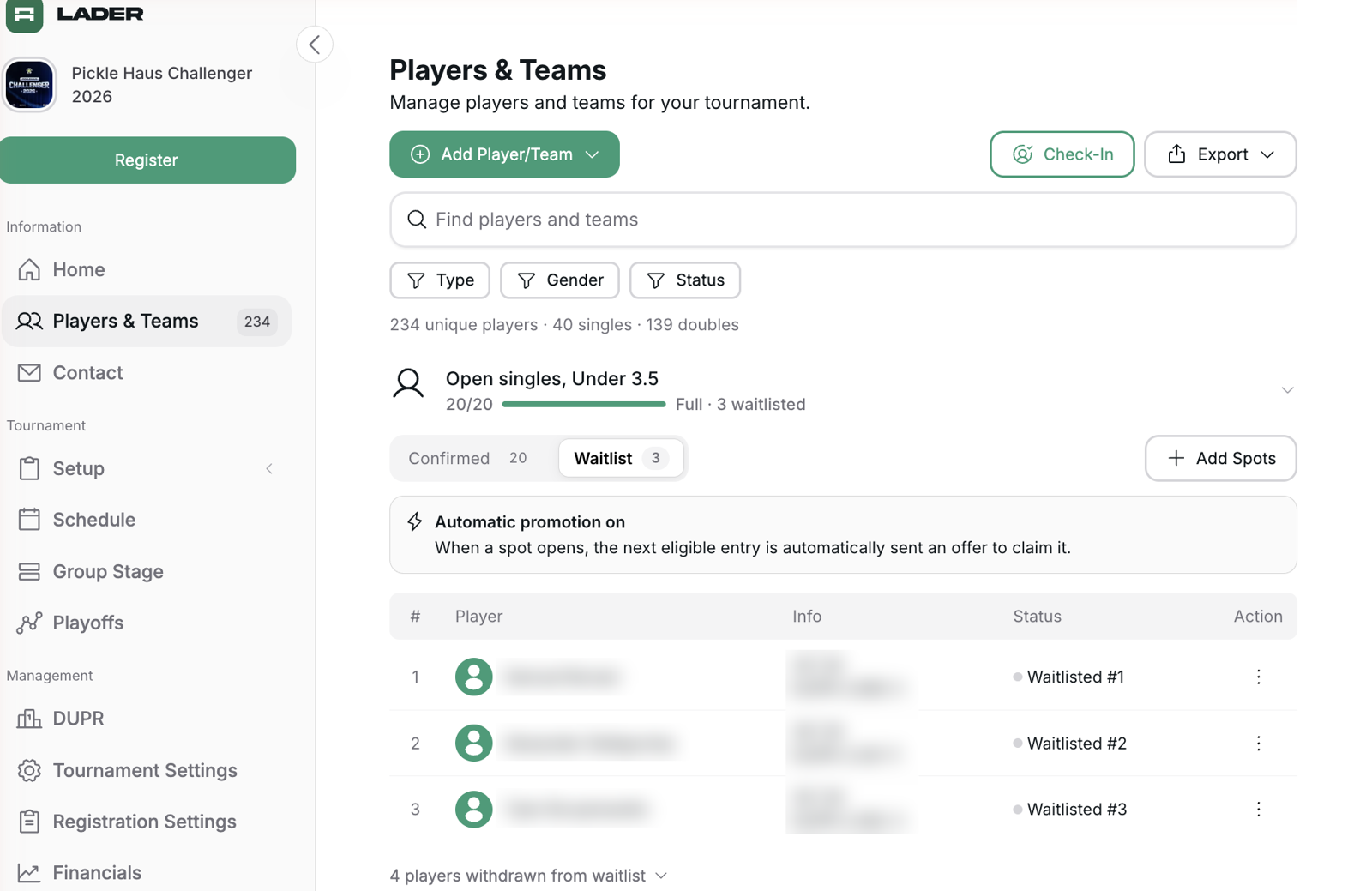 Waitlist queue on the Players page