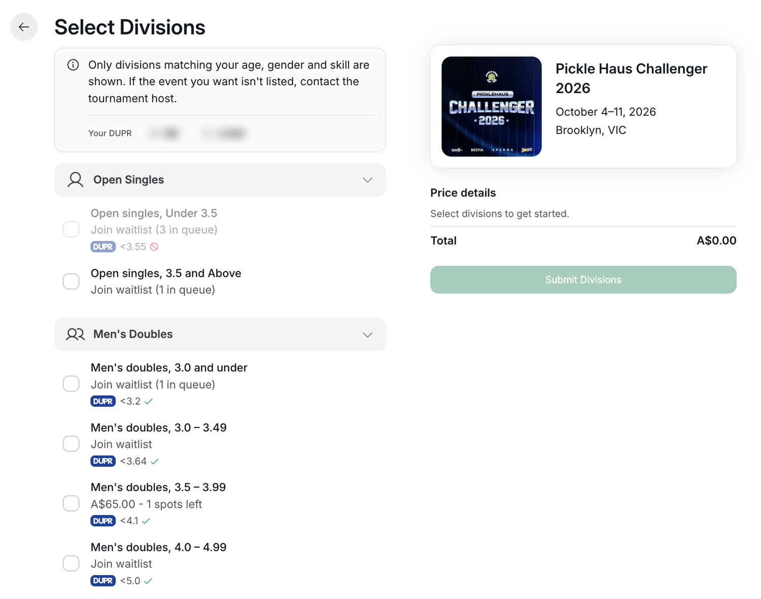 Select Divisions step