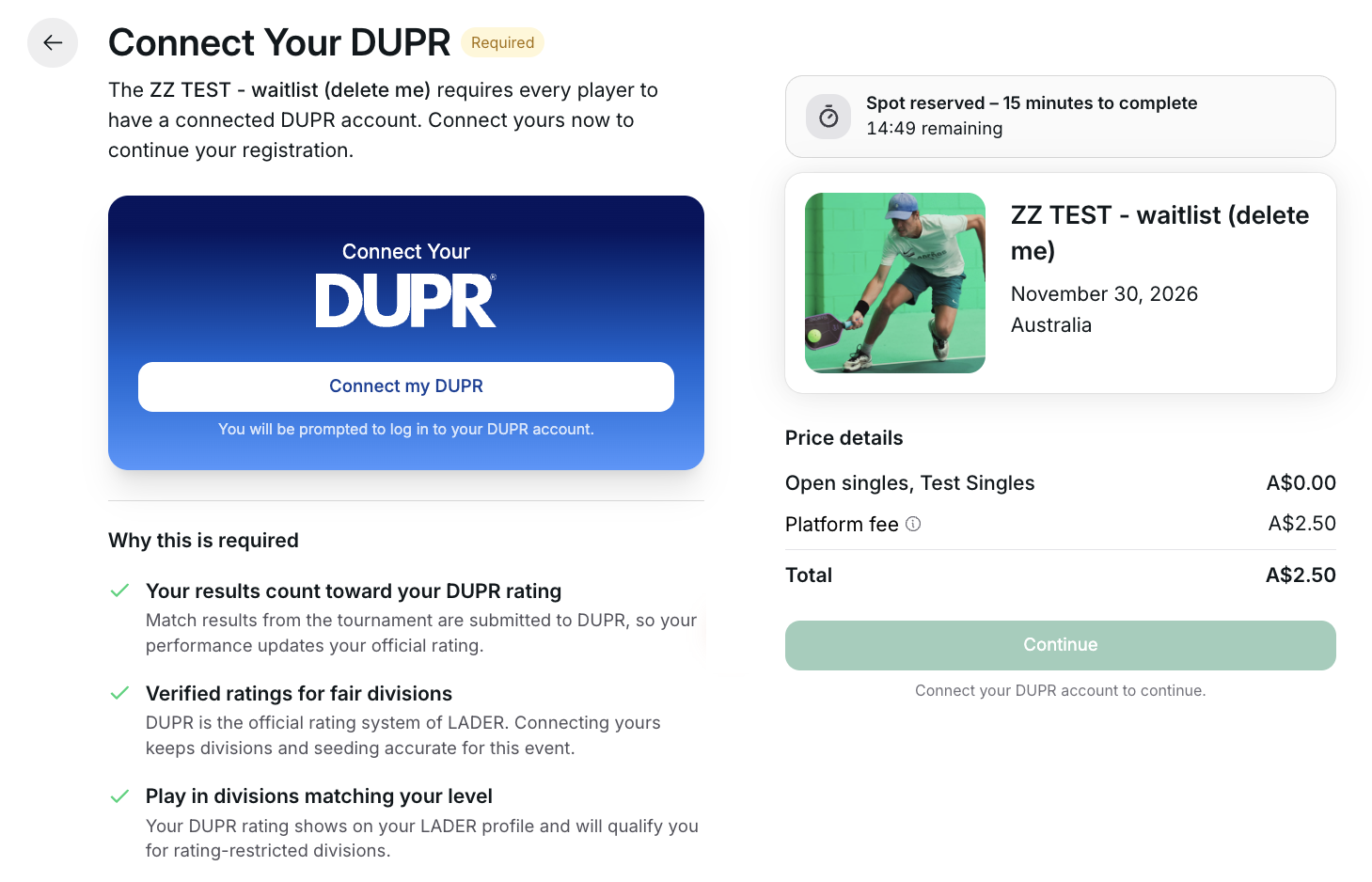 Connect Your DUPR step during registration