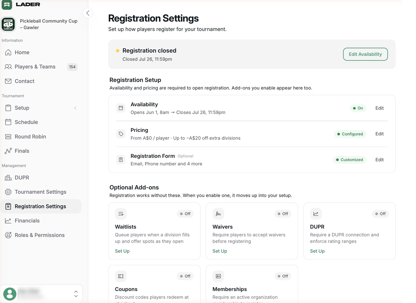 Registration Settings page