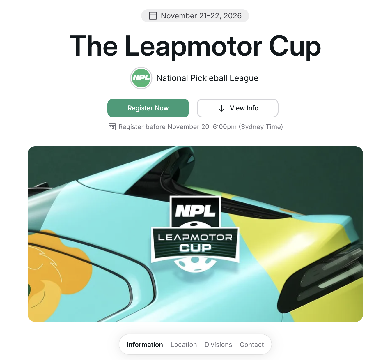 Tournament page with Register Now