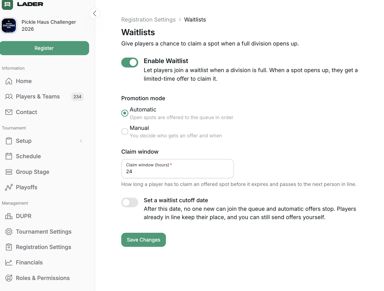 Waitlist settings