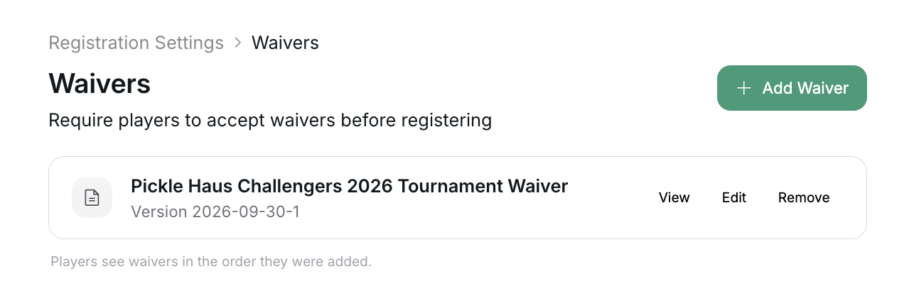 Waivers settings